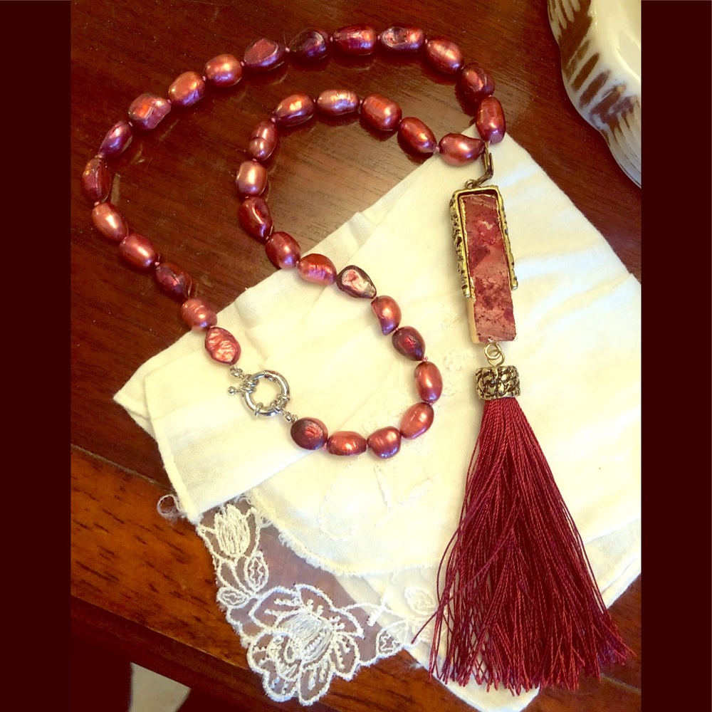 Burgundy Freshwater Pearls/Tassel Necklace